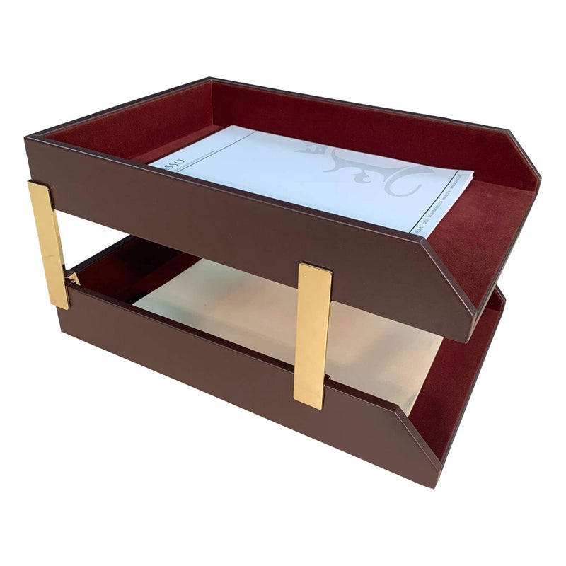 Dacasso Leather Double Legal-Size Trays, Chocolate Brown (A3421) - Image 1
